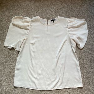 Express, L, white, silk blouse with puff sleeves and shoulder pads.